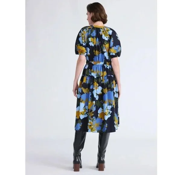 Free Assembly Blue Floral Belted Cotton Midi V-Neck Puff Sleeves Dress Various - Picture 3 of 6